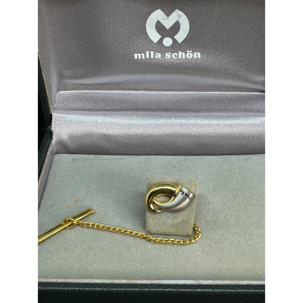 Mila Schön Cufflinks Tie Tack Set of 2‎ Vintage Gold Tone Black Square